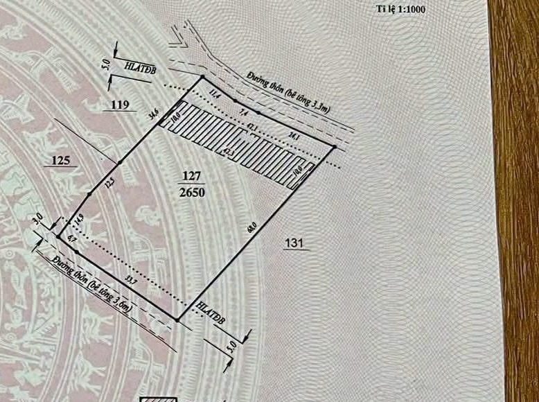 Sơ đồ thửa 127 – lô 2.650m² hình chữ nhật, 2 mặt đường bê tông thôn 3,5m, phần đất ở và HLAT